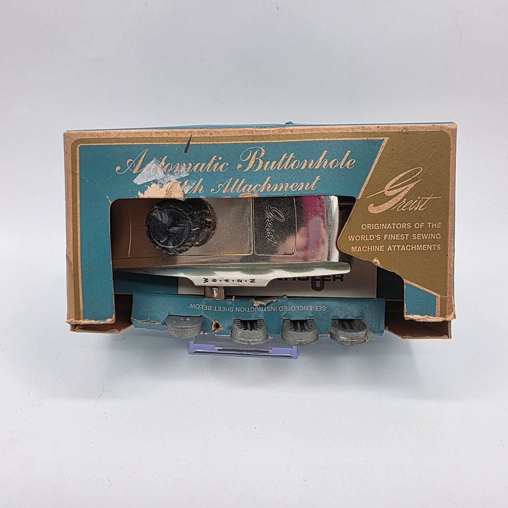 Vintage Greist Automatic Buttonhole Stitch Attachment with Original Box Template